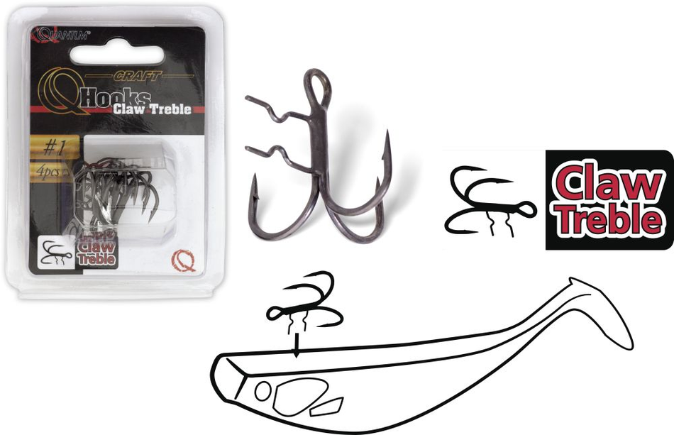 QUANTUM Claw Treble Hooks Mat Finish Drilling mit Baithholder