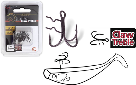 QUANTUM Claw Treble Hooks Mat Finish Drilling mit Baithholder